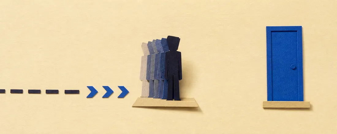 Papercraft illustration: a sprint trail halts at a rigid figure before an untouched blue doorway.