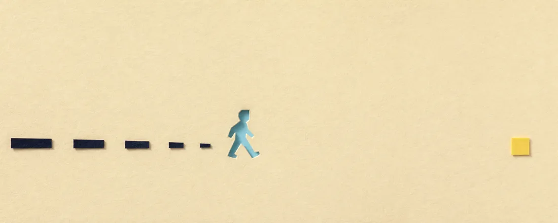 Papercraft illustration: a diminishing trail quietly ends before a distant yellow step.