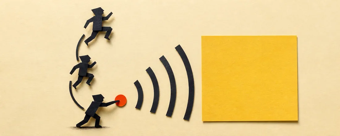Papercraft illustration: three repeated jump poses trigger a blank button while the yellow panel stays unresponsive.