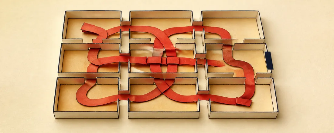 Papercraft illustration: a tomato ribbon loops repeatedly through nine rooms without reaching the sealed exit.