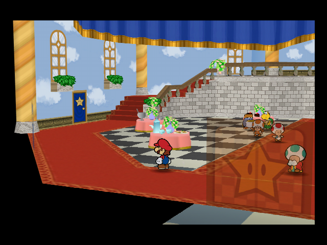 Mario has moved left across the castle foyer after the reduced diagonal input.