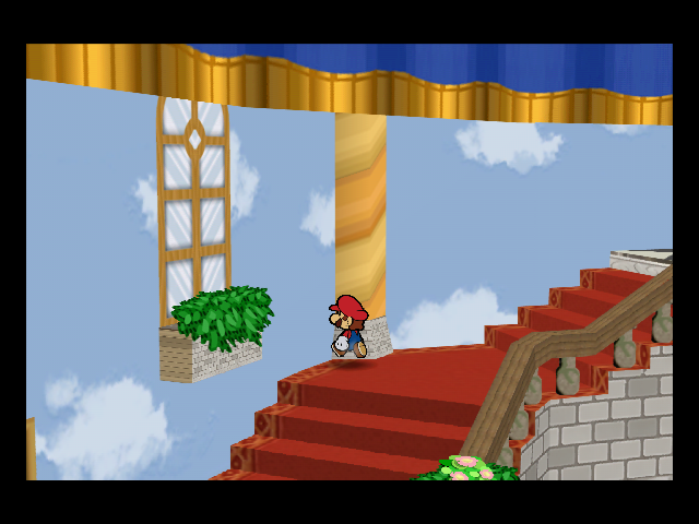 Mario stands on the staircase landing inside Peach’s Castle.