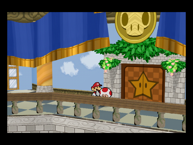 Mario reaches the upper balcony beside a door in Peach’s Castle.
