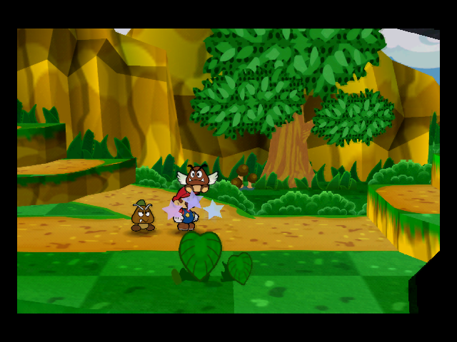 Mario is in an enemy encounter on Goomba Road, with stars spinning around him.