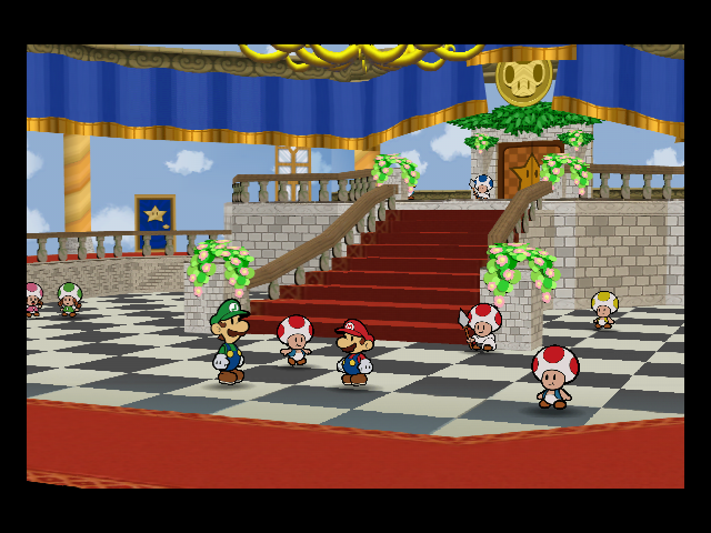 Mario and Luigi stand at the foot of the castle party stairs, with a Toad nearby.