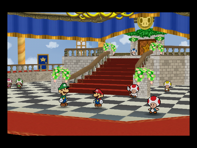 Mario and Luigi remain at the foot of the party stairs, while the nearby Toad has moved.