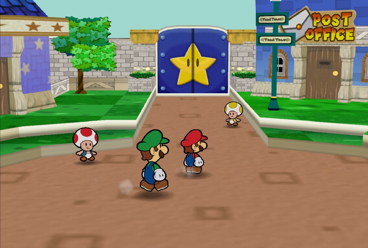 Toad Town street at the star-emblem gate: Mario and Luigi walking past the Post Office