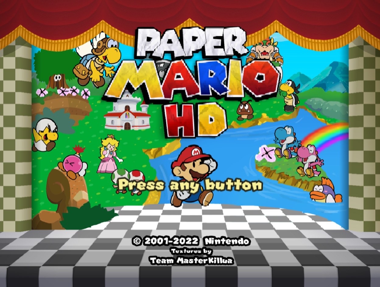 Paper Mario HD title screen rendered by the hi-res ParaLLEl-N64 fork with MasterKillua's texture pack